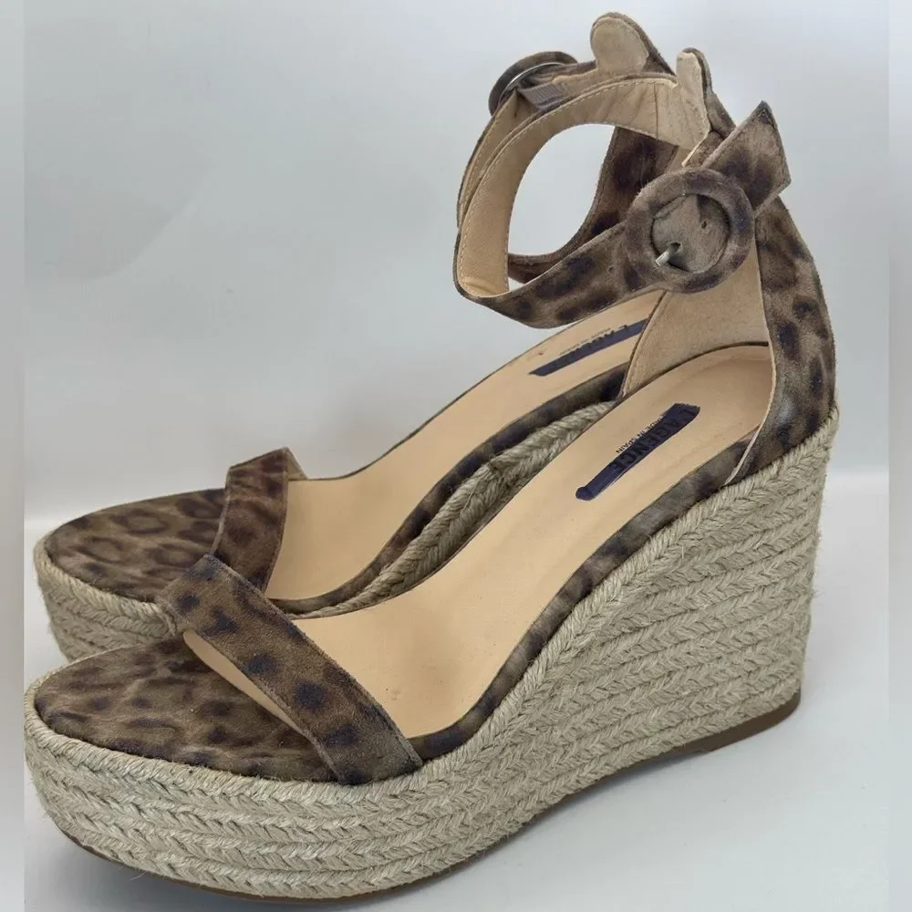 L'AGENCE Elysee Suede‎ Espadrille Wedge Sandals Cheetah Sz 37 US 7
